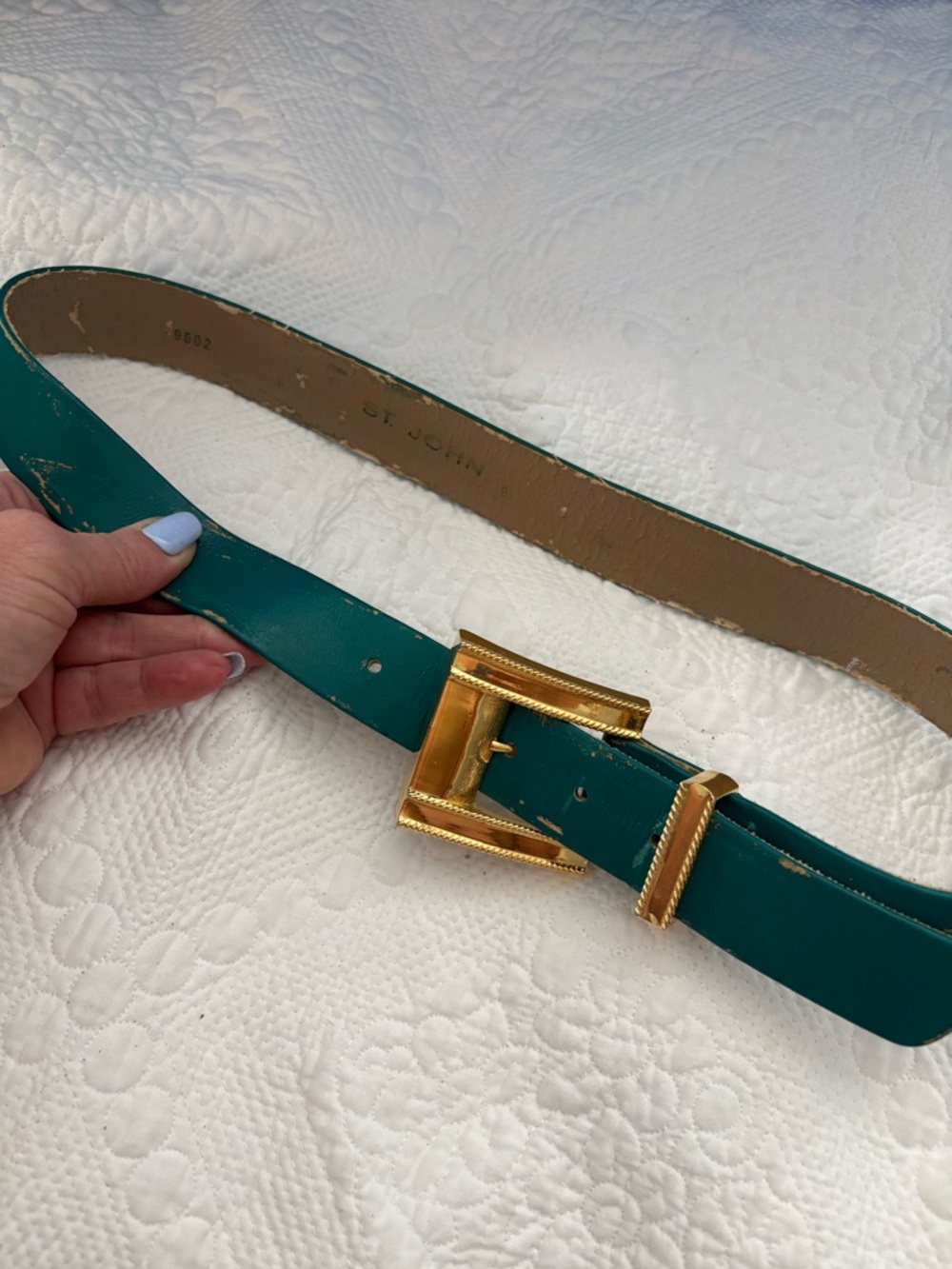 St. John Teal Leather Belt with Gold-Tone Buckle